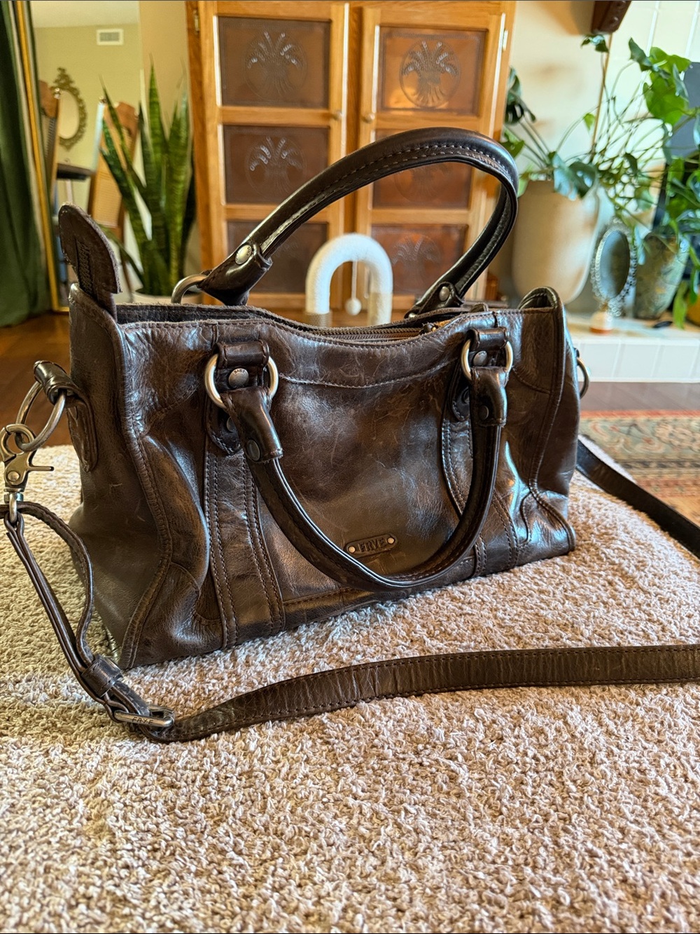 Frye Melissa Brown Distressed Leather Satchel Crossbody Shoulder Bag